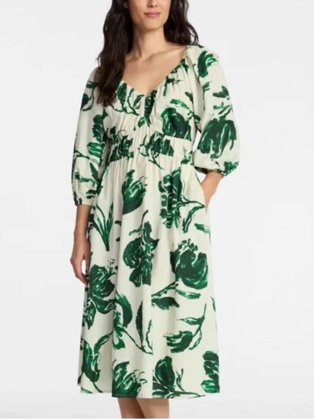 NEW Time and Tru Tan Dress with Green Floral Print Maxi POCKETS women’s 16/18